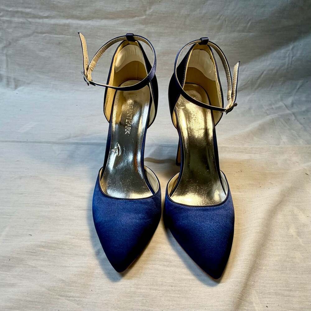 Elegant Park Navy Blue Satin Pointed Toe Ankle Strap Stiletto Heels